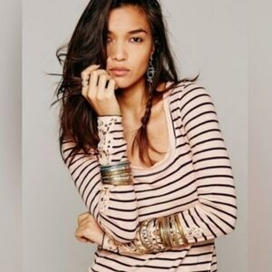 Free People We The Free Striped Lace Cuff Scoop Neck Top NWT -Small